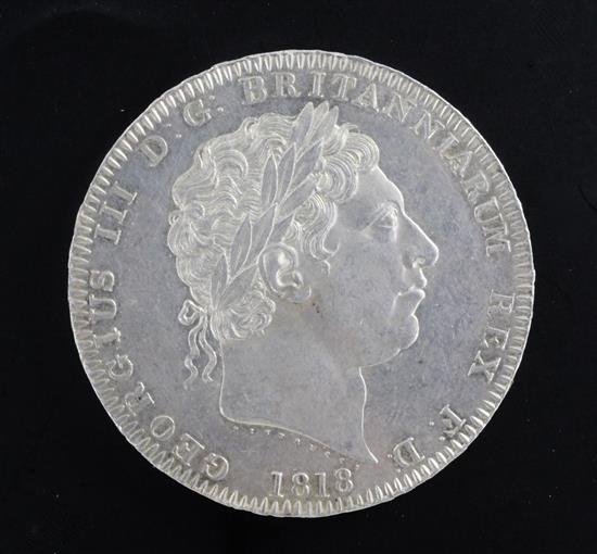 A George III 1818 LIX silver crown, UNC and lustrous with prooflike fields, contact marks